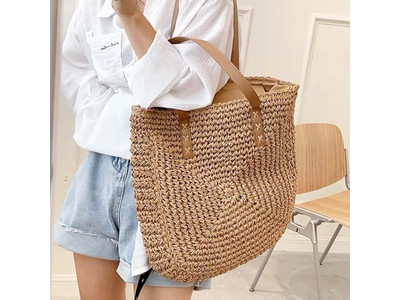 Sac panier en paille noir impression personnalisée style français plage écologique ruban