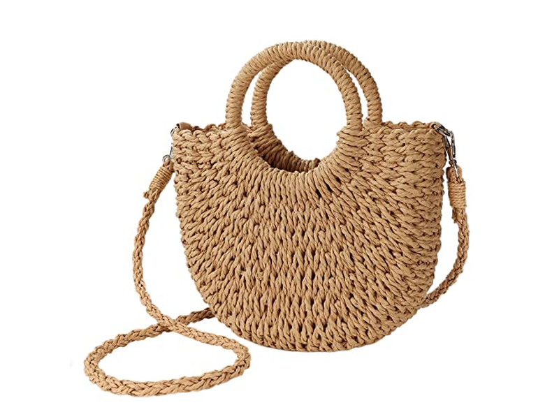 Sac en Paille de Niche Sacs de Palmier Papier Perle Téléphone Simple Rotin Forme Ronde Coquille Petit