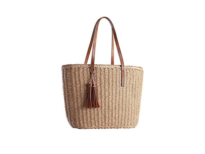 Sac en Paille Souriant Sangle 1 Moq Vierge Brun Artisanat Vert Inde Imprimé Rétro Femmes