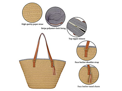 Sac à main en paille pour femmes sac de plage en blé femme tissé sacs bohème poignée en bois