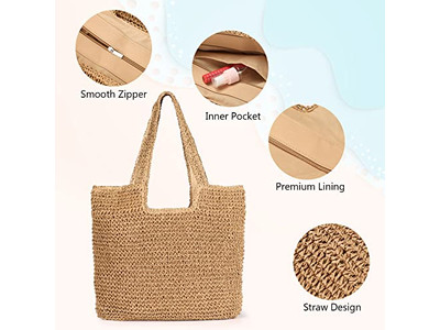 Sac en Paille de Coton Panier Fleur Perlé Sacs Basiques Toile Boho Sac Baril