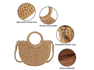 Sac en Paille de Niche Sacs de Palmier Papier Perle Téléphone Simple Rotin Forme Ronde Coquille Petit