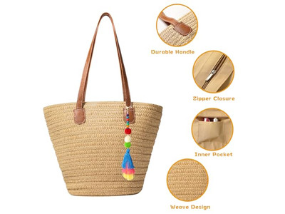 Sac à Main en Paille Femmes Tapis Sac de Plage Fourre-tout Ensemble Tissé en Jute